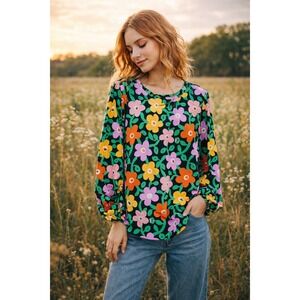 Traffic Girl Floral Blouse Women's Colorful Retro Print Top Boho Ballon Sleeves